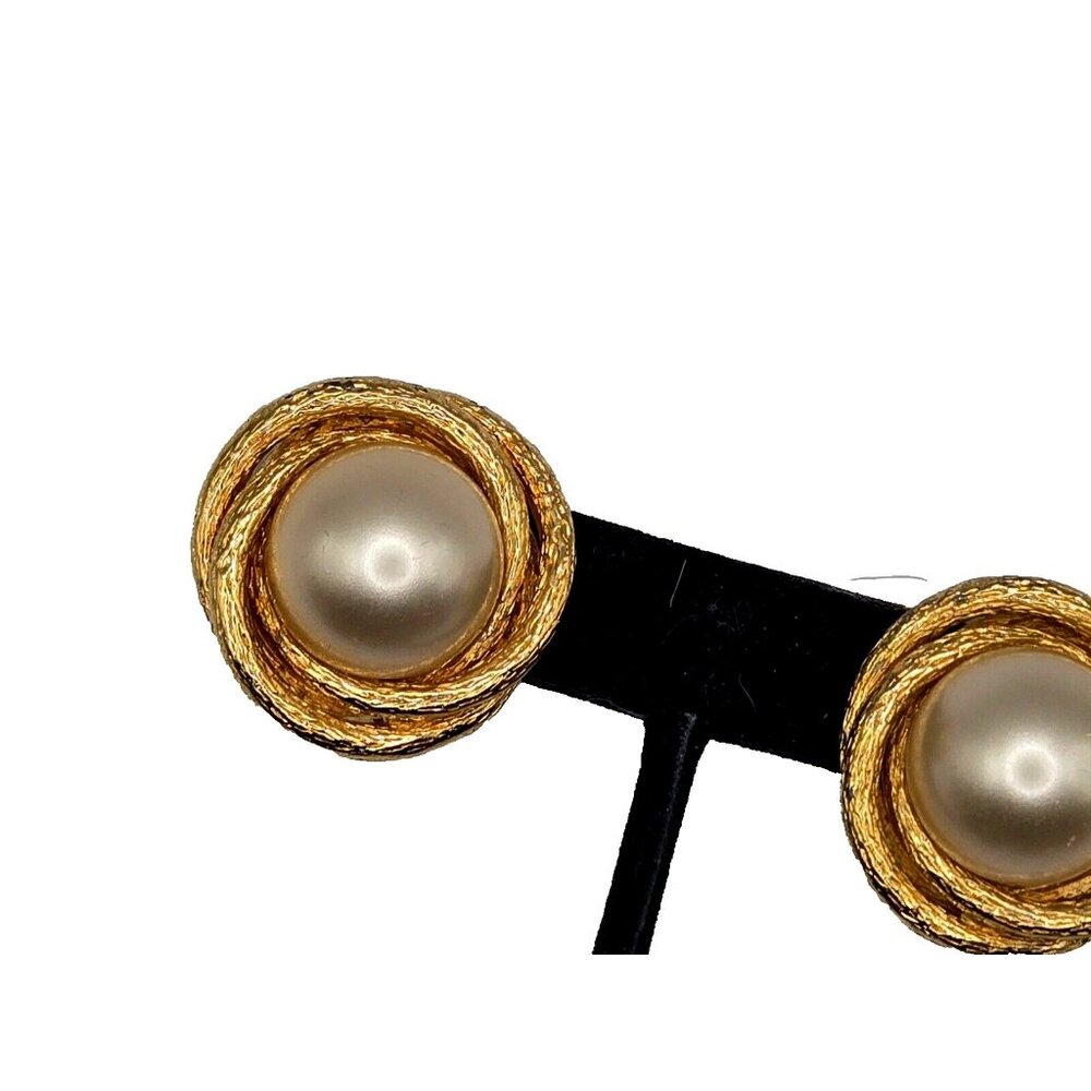 CINER signed vintage clip on earrings faux pearl and gold rope clip ons